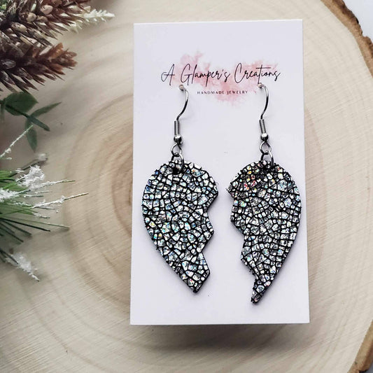 Silver & Black Broken Heart Valentine Leather Earrings