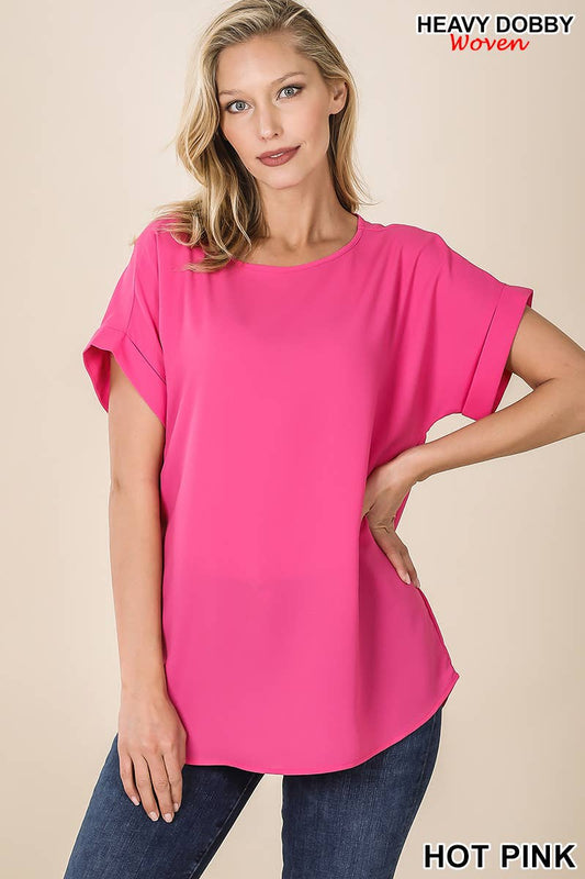 Woven Heavy Dobby Rolled Sleeve Boat Neck Top
