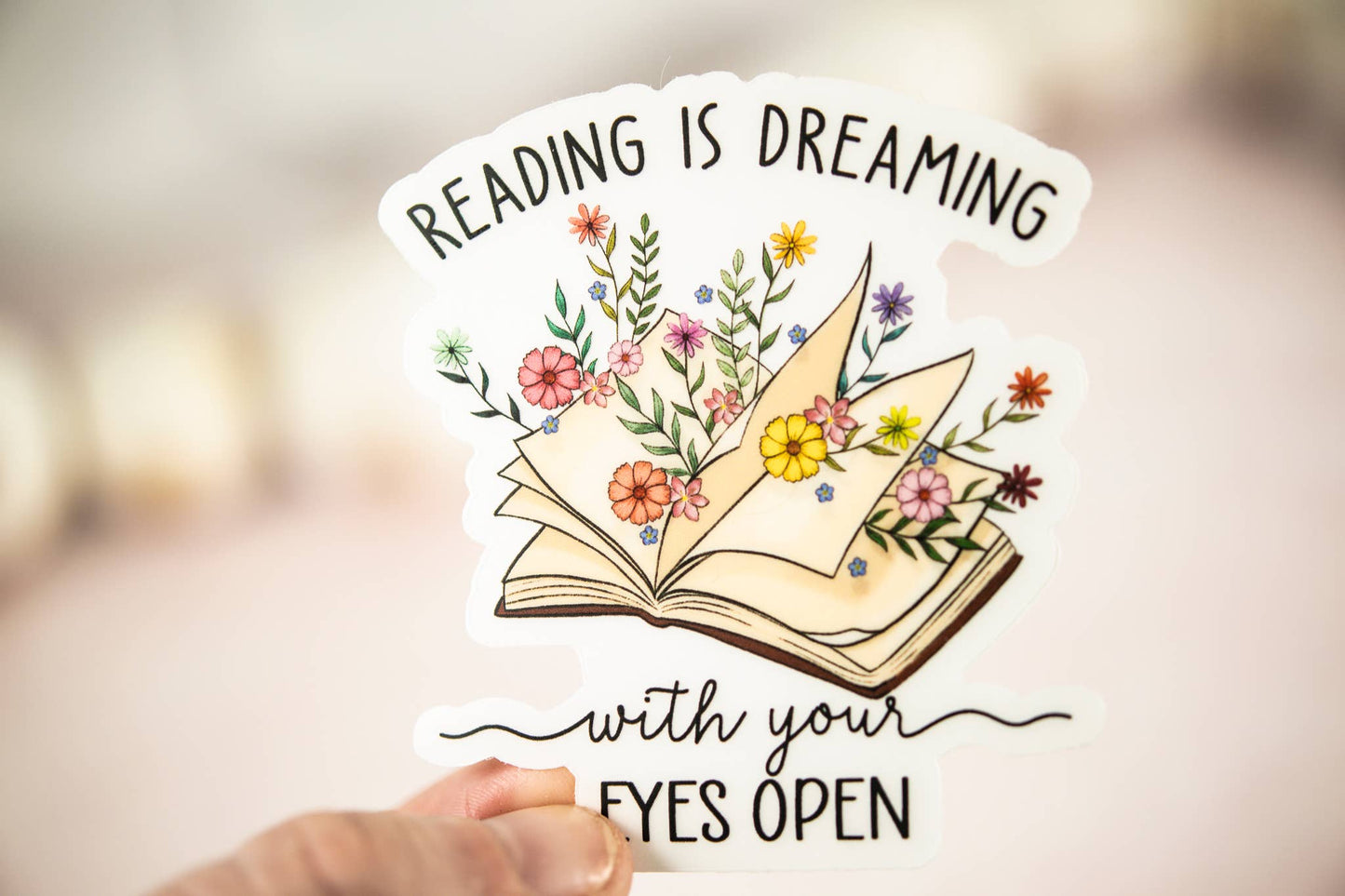 Reading Is Dreaming, Floral Book Vinyl Sticker, 3x3 in.