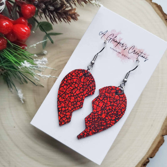 Red & Black Broken Heart Valentine Leather Earrings