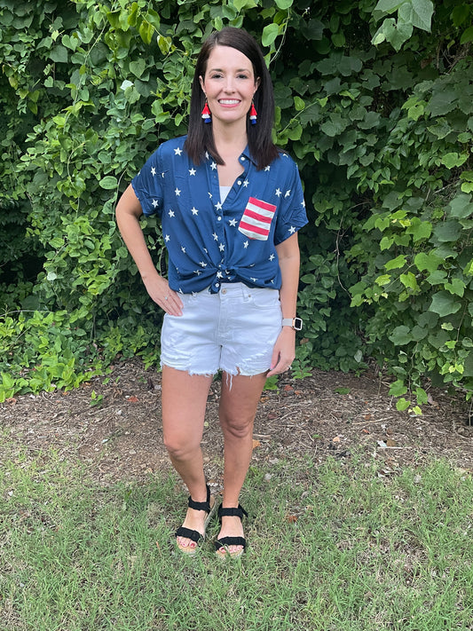 Women's Patriotic Pocket Button Down Shirt