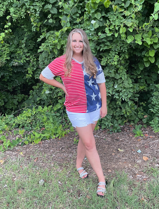 Patriotic Color Block V-Neck Top