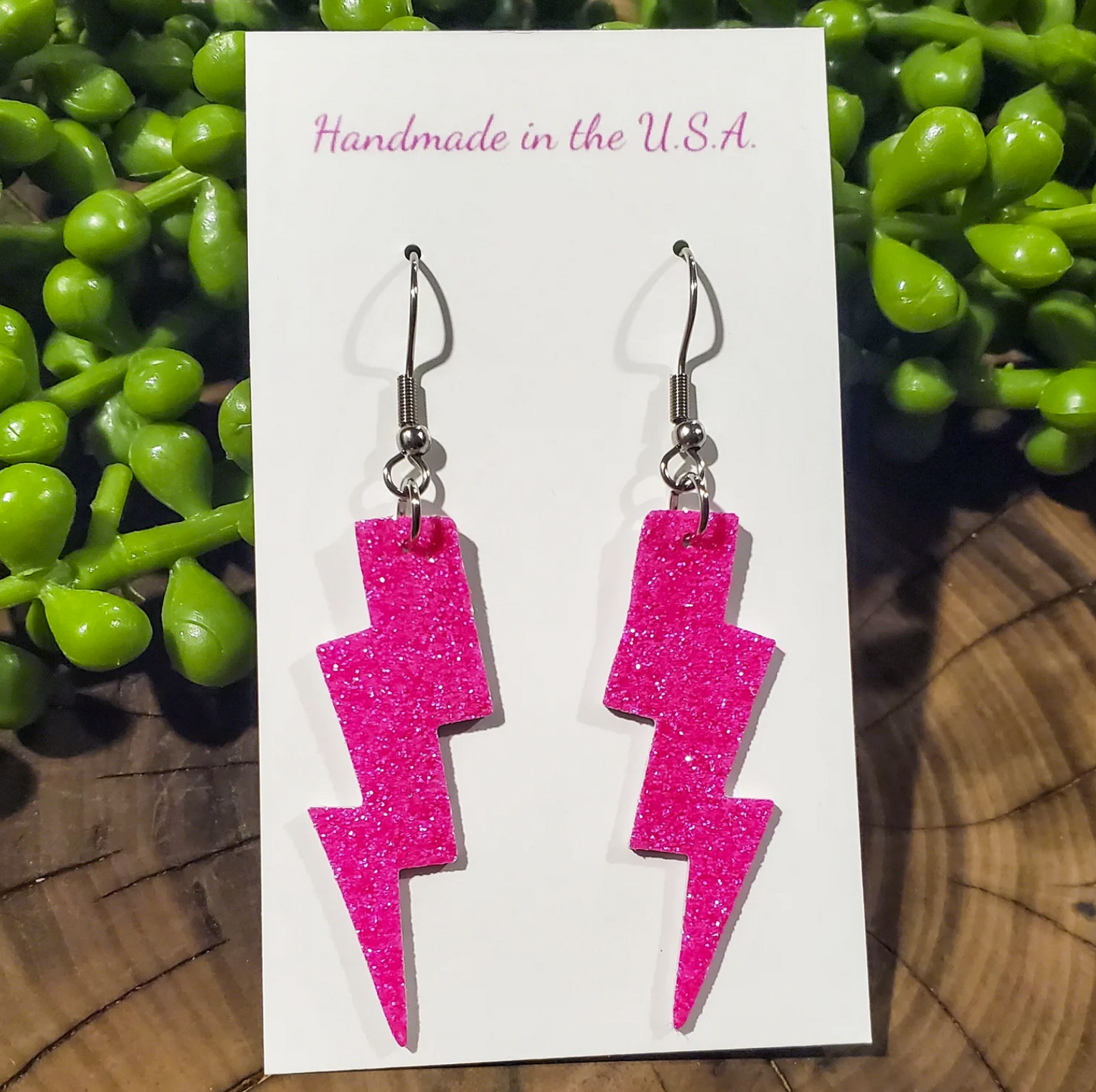 Hot Pink Glitter Lightning Bolt Leather Earrings