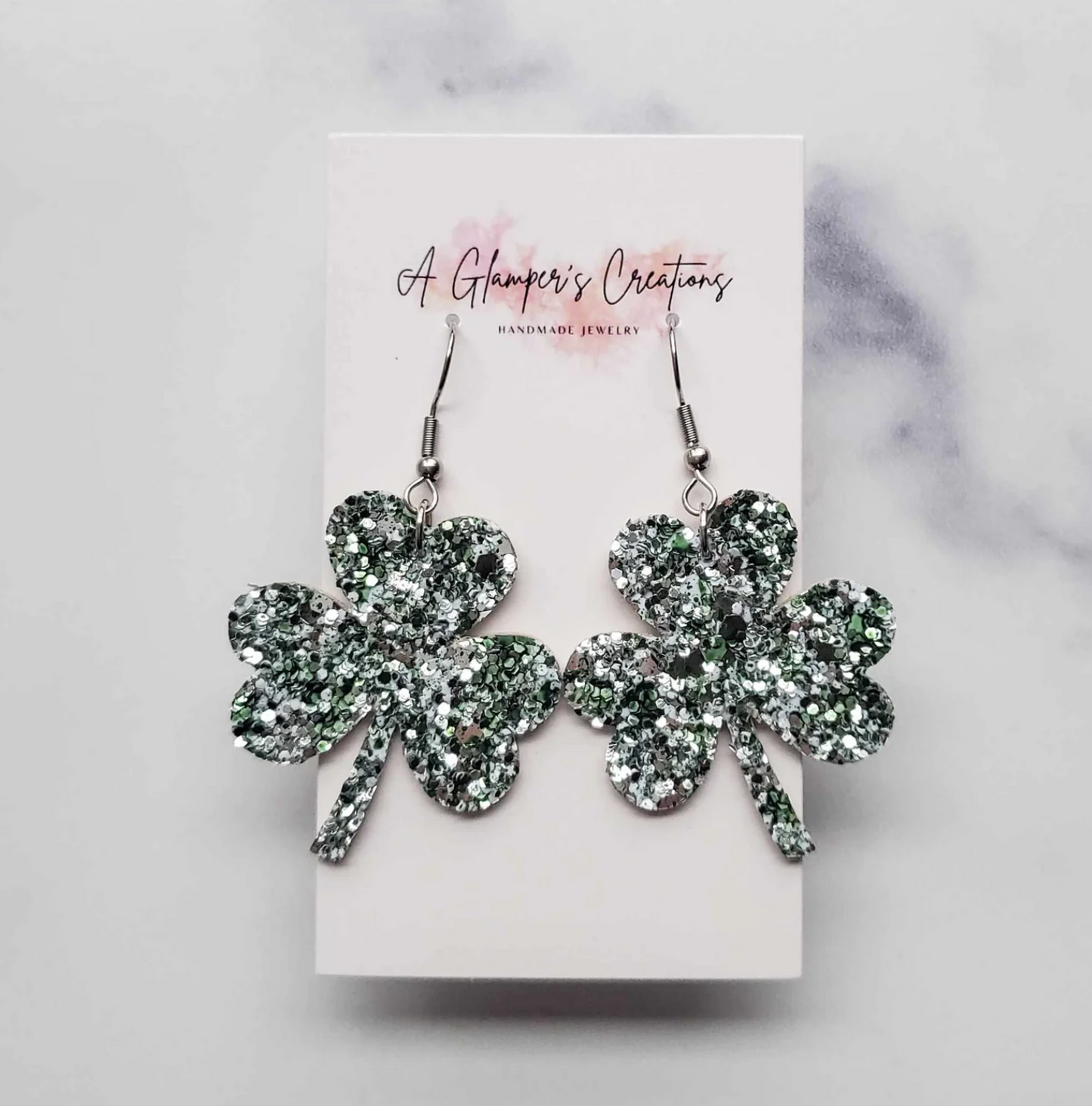 Dark Green & White Glitter Mix Shamrock Leather Earrings