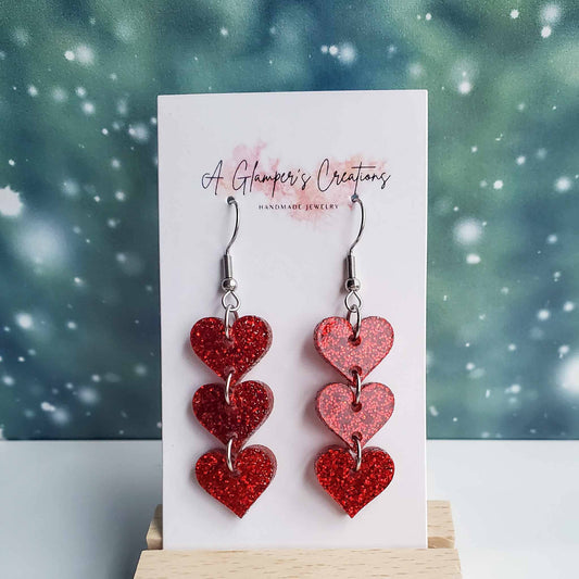 Triple Heart Dangle Acrylic Earrings - Red Glitter