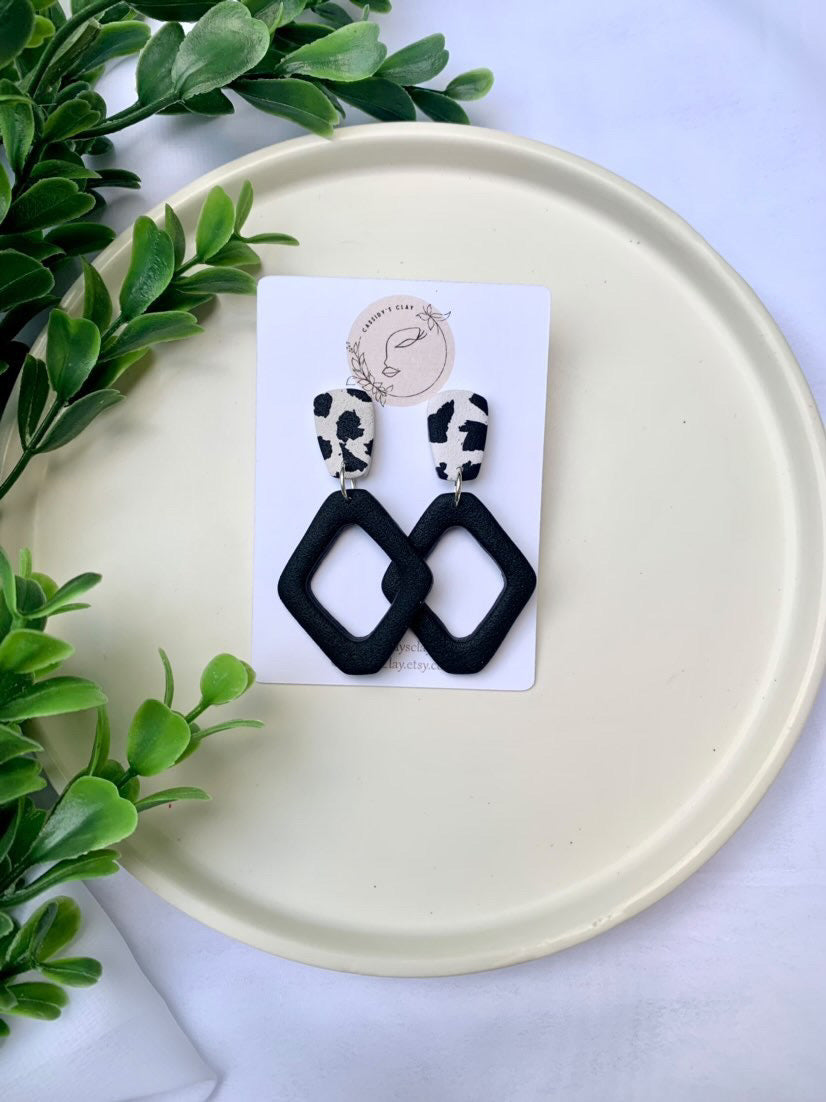 Who's That Heifer - Black & White Diamond Shaped Clay Earrings