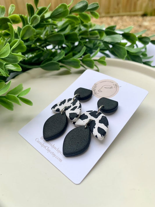 Who's That Heifer - Black & White 3 Tier Clay Earrings