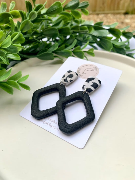 Who's That Heifer - Black & White Diamond Shaped Clay Earrings