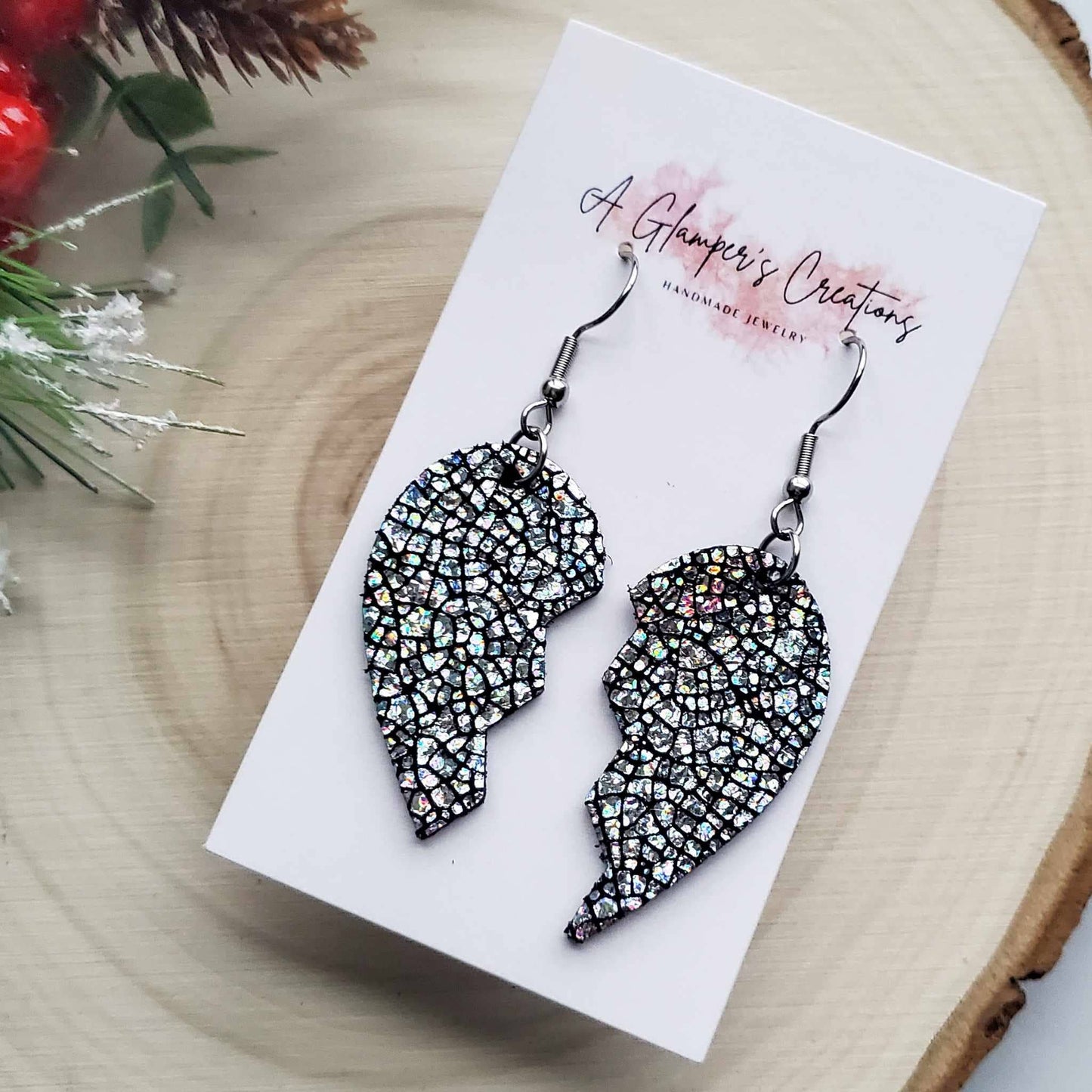 Silver & Black Broken Heart Valentine Leather Earrings