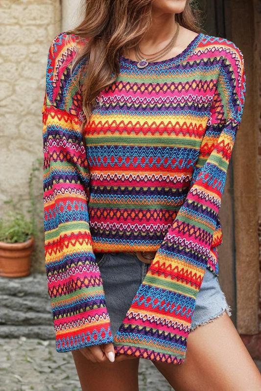 Multicolor Jacquard Geo Long Sleeve T Shirt