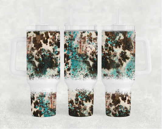 Turquoise Cowhide  40oz Tumbler with Handle