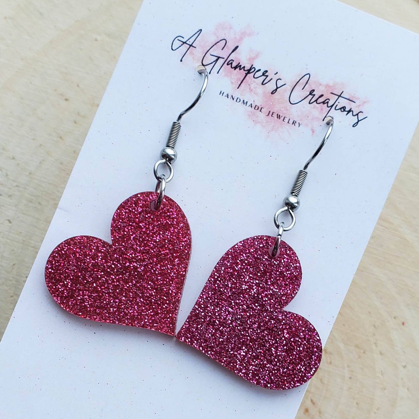 Fuchsia Pink Glitter Heart Valentine's Day Acrylic Earrings