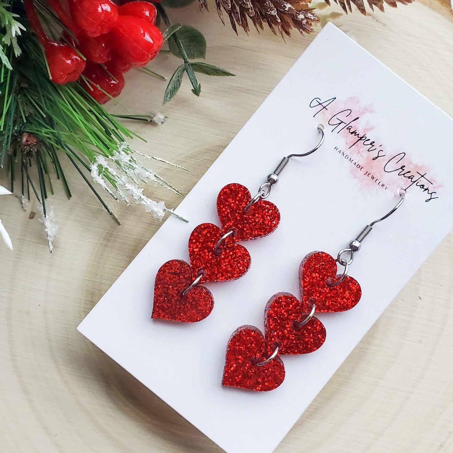 Triple Heart Dangle Acrylic Earrings - Red Glitter