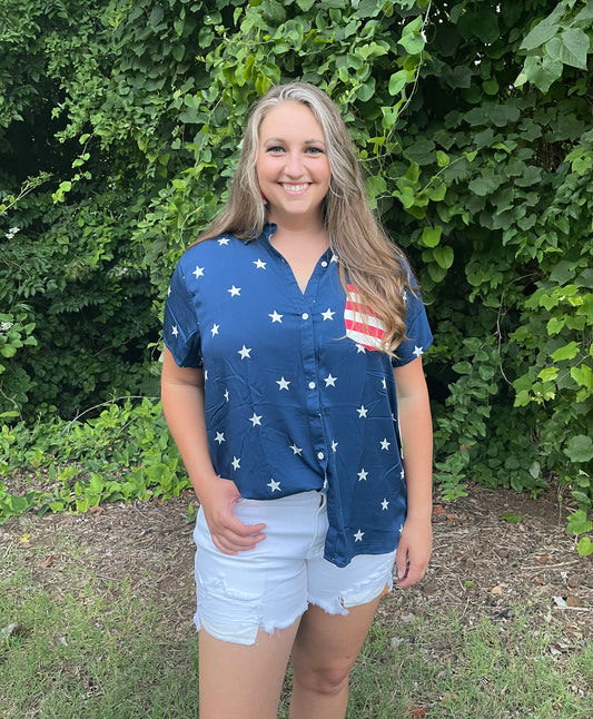 Women's Patriotic Pocket Button Down Shirt