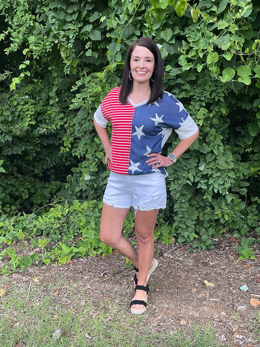 Patriotic Color Block V-Neck Top