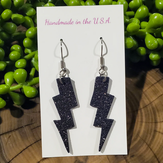 Black Glitter Lightning Bolt Leather Earrings
