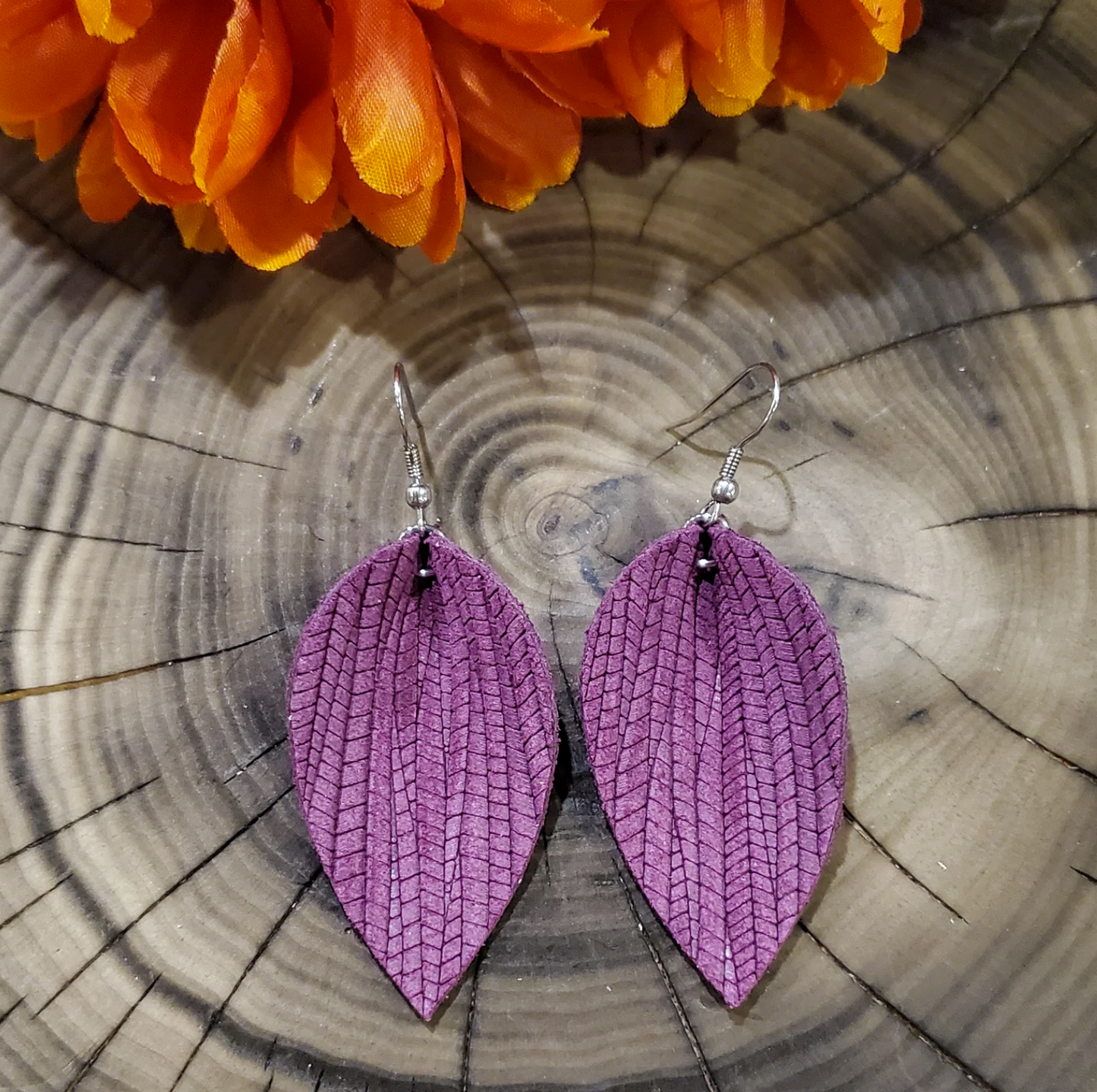 Purple Pinched Petals Leather Earrings