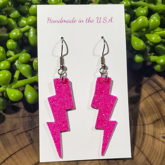 Hot Pink Glitter Lightning Bolt Leather Earrings