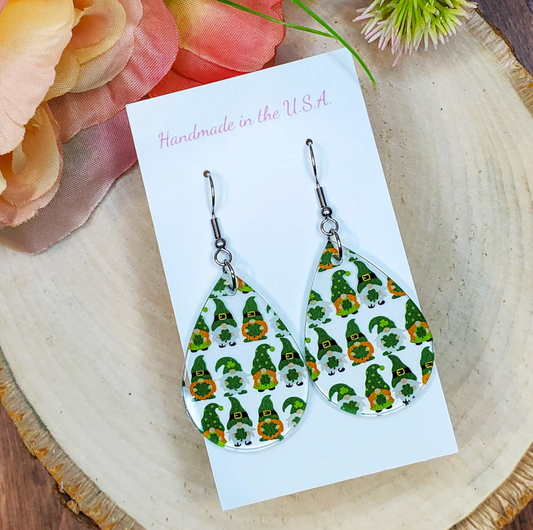 St. Patrick's Day Gnomes Acrylic Teardrop Earrings