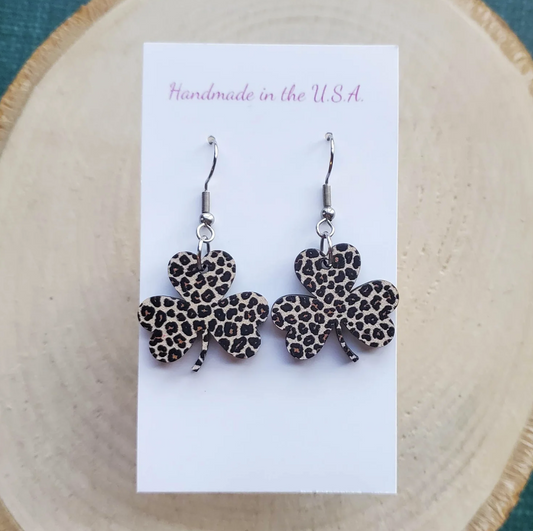 Leopard Printed Shamrock St. Patrick's Day Wooden Earrings