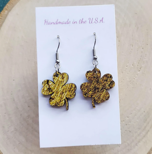 Gold Printed 4 Leaf Clover St. Patrick's Day Wooden Earrings