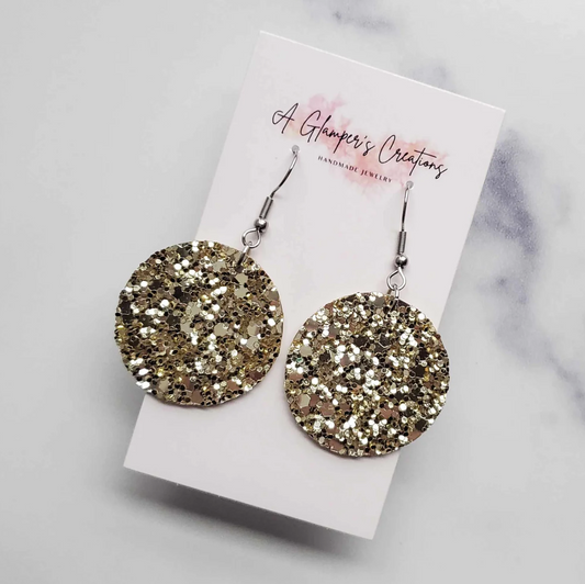 Gold Chunky Glitter Circle Drops Leather Earrings