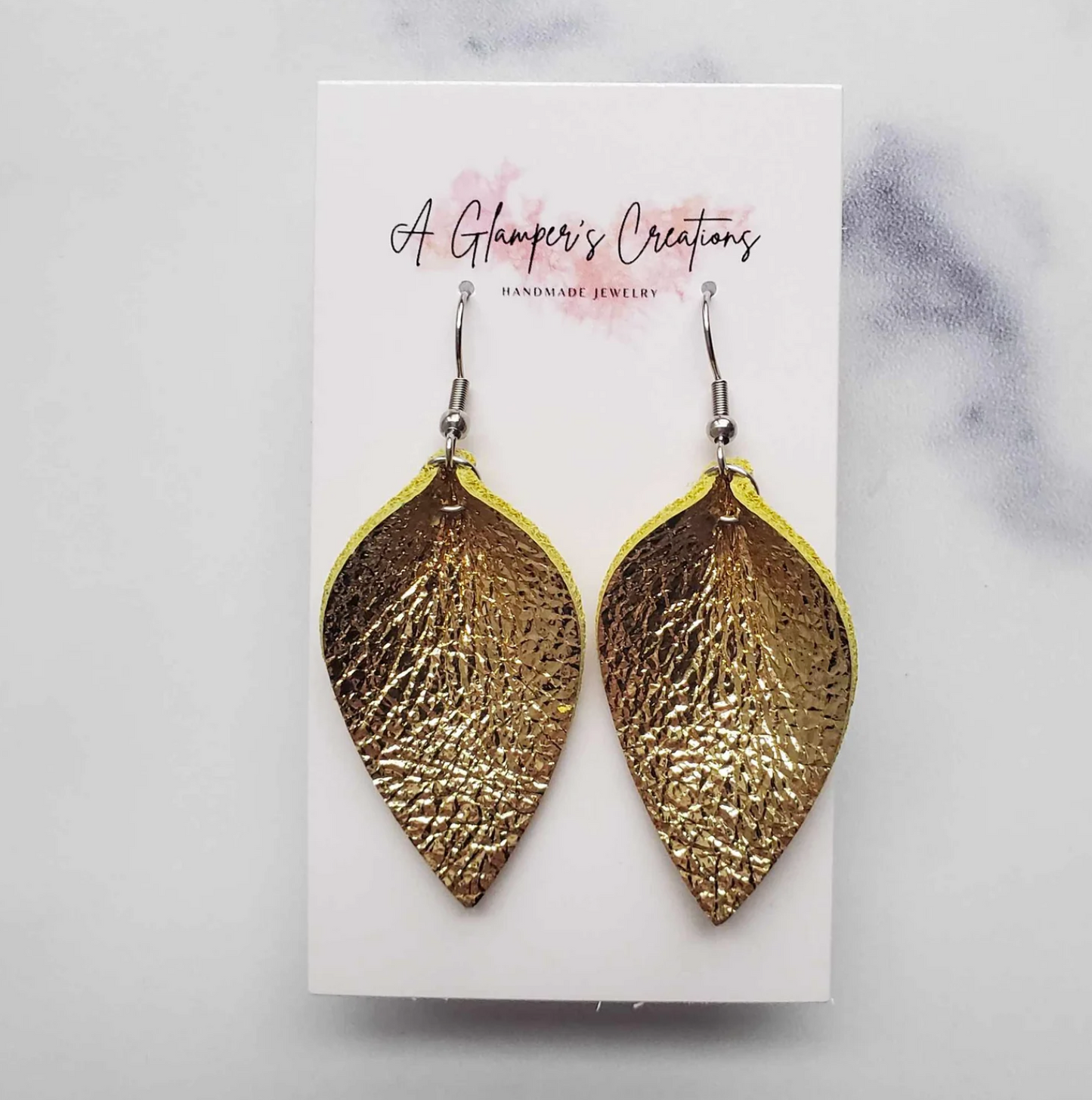 Gold Metallic Pinched Petals Leather Earrings - Small