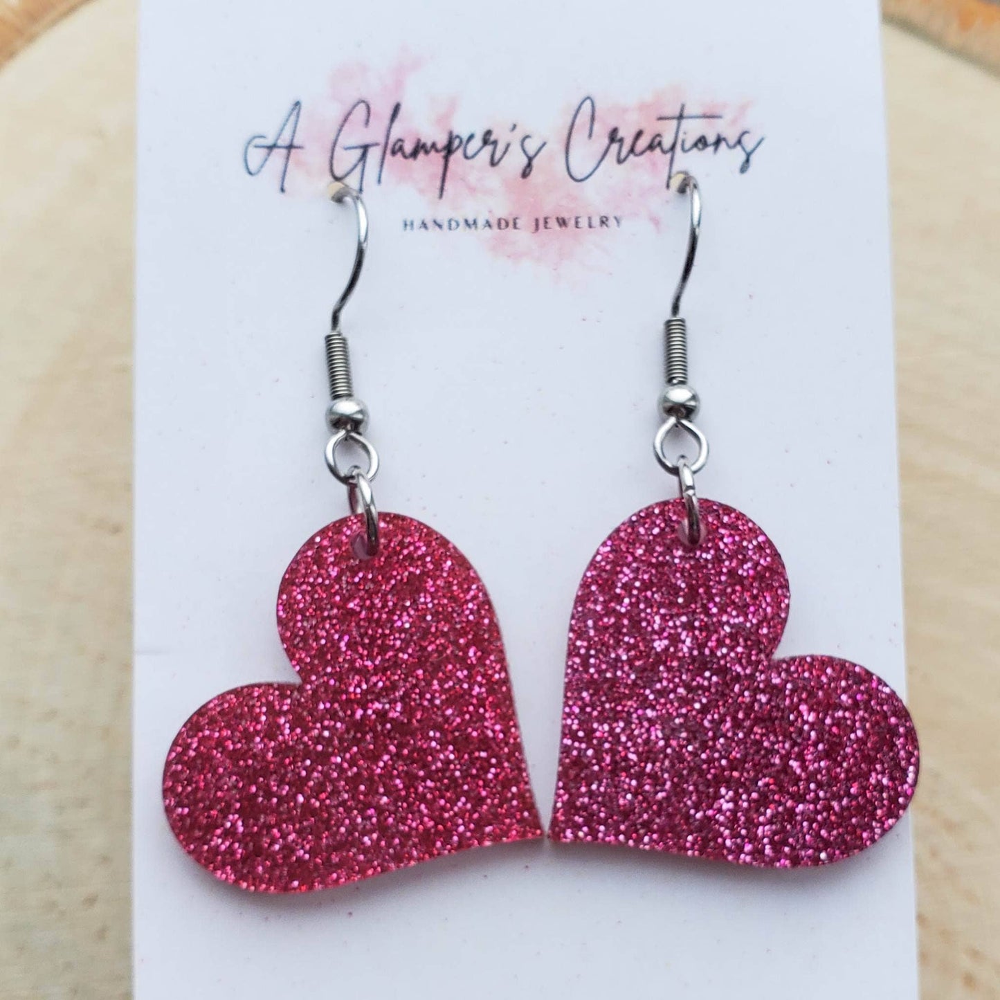 Fuchsia Pink Glitter Heart Valentine's Day Acrylic Earrings