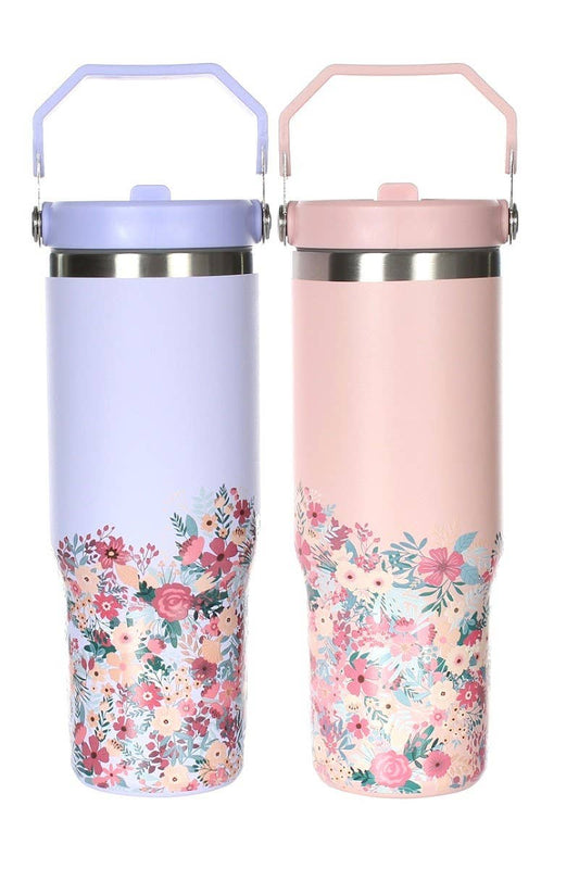 30 ox. Stainless Steel Flip Straw Tumbler with Flower Print