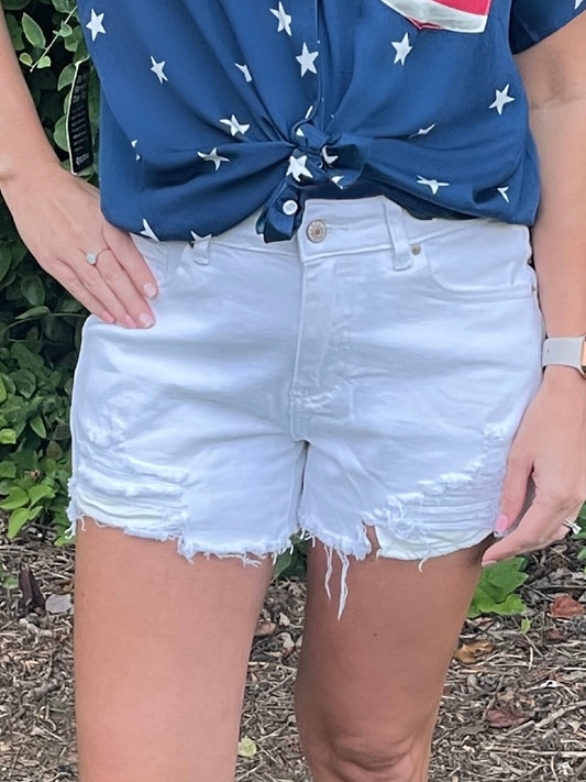 White Distressed Frayed Denim Shorts