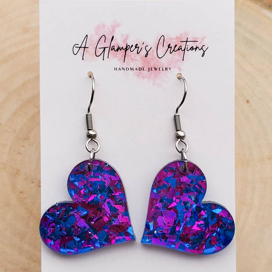 Purple & Blue Confetti Heart Valentine's Acrylic Earrings