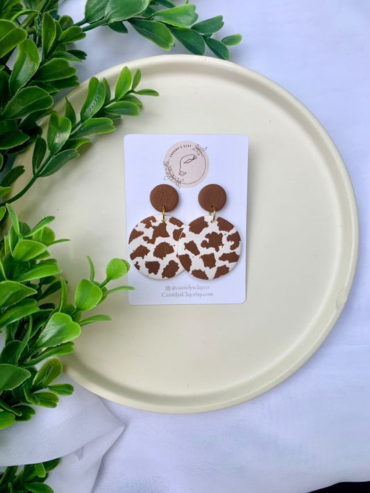 Who's That Heifer - Brown and White Round Clay Earrings