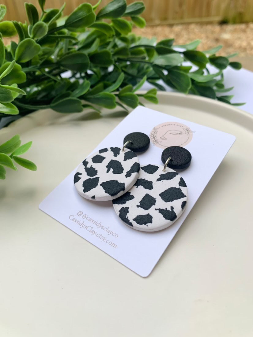 Who's That Heifer - Black and White Round Clay Earrings