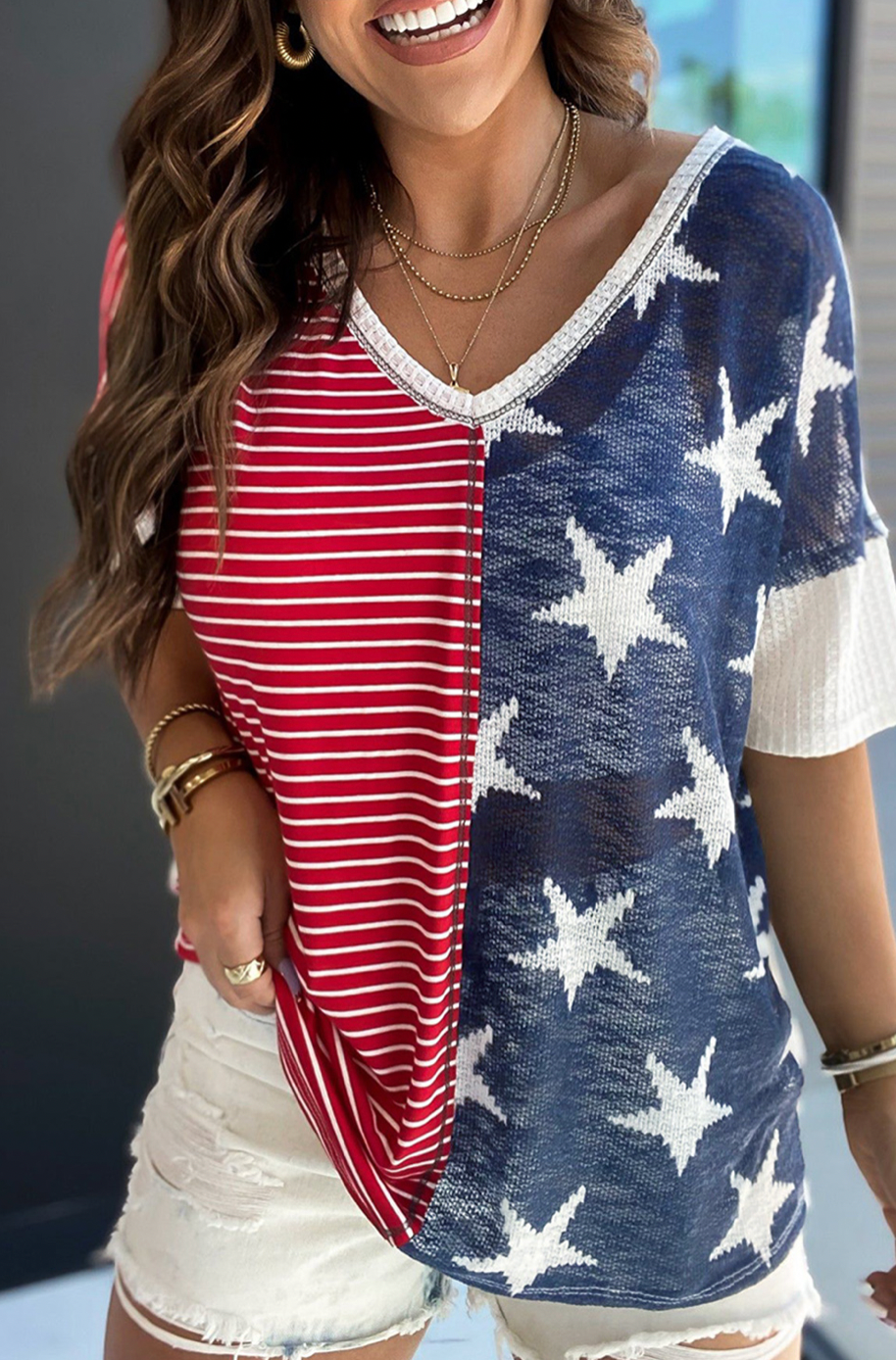Patriotic Color Block V-Neck Top