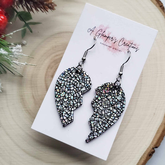 Silver & Black Broken Heart Valentine Leather Earrings