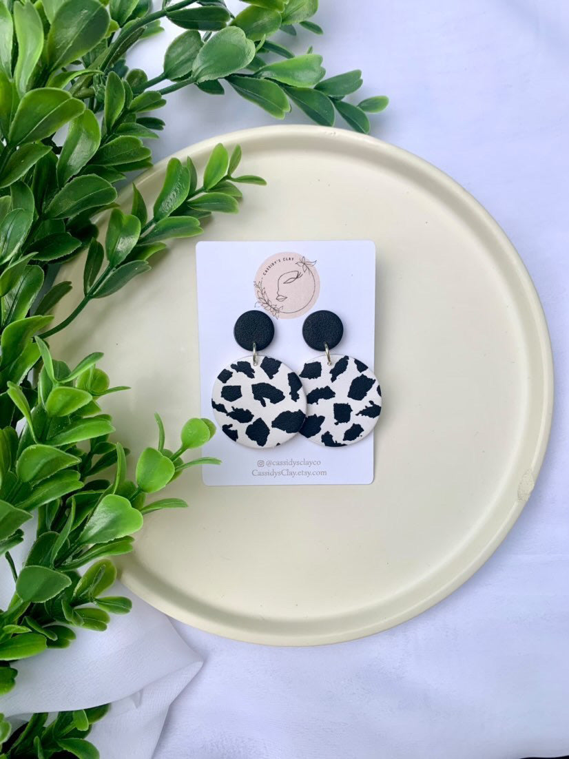 Who's That Heifer - Black and White Round Clay Earrings