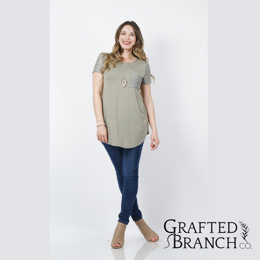 Lace Sleeve Top with Chest Pocket - Plus Size