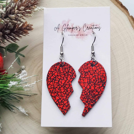 Red & Black Broken Heart Valentine Leather Earrings