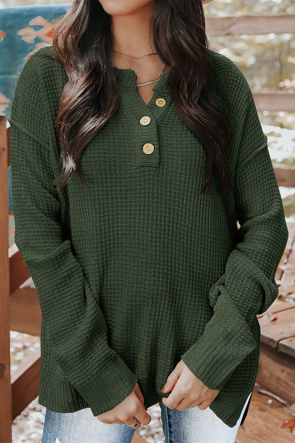 Waffle-Knit Dropped Shoulder Buttoned Sweater